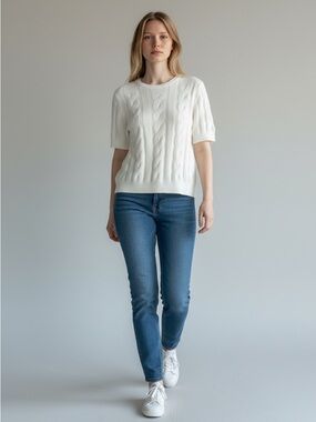 CeCe Short-Sleeve Cable Knit Sweater – XL – Antique White (NWT)